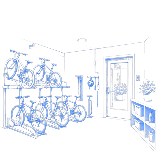 Blue line illustration of a bike room