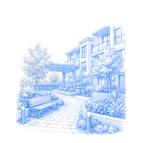 Blue line illustration of a courtyard