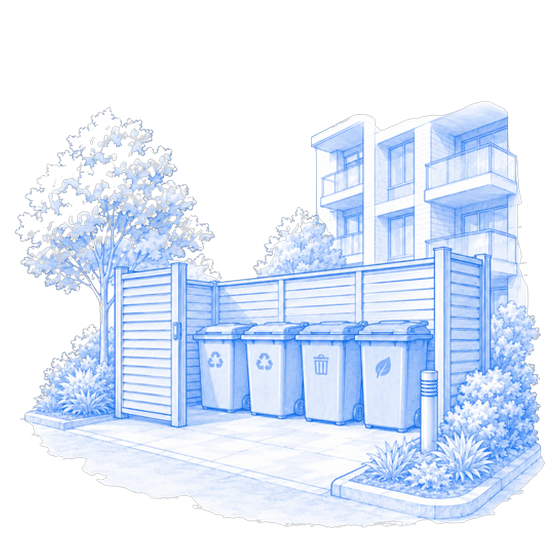 Blue line illustration of a garbage and recycling area