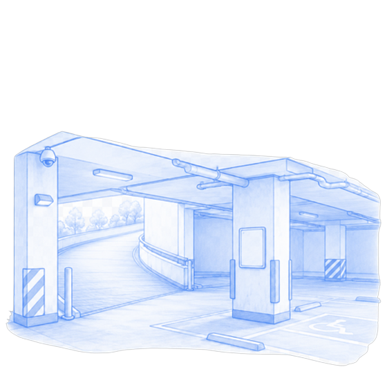 Blue line illustration of a parkade
