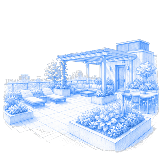 Blue line illustration of a rooftop patio