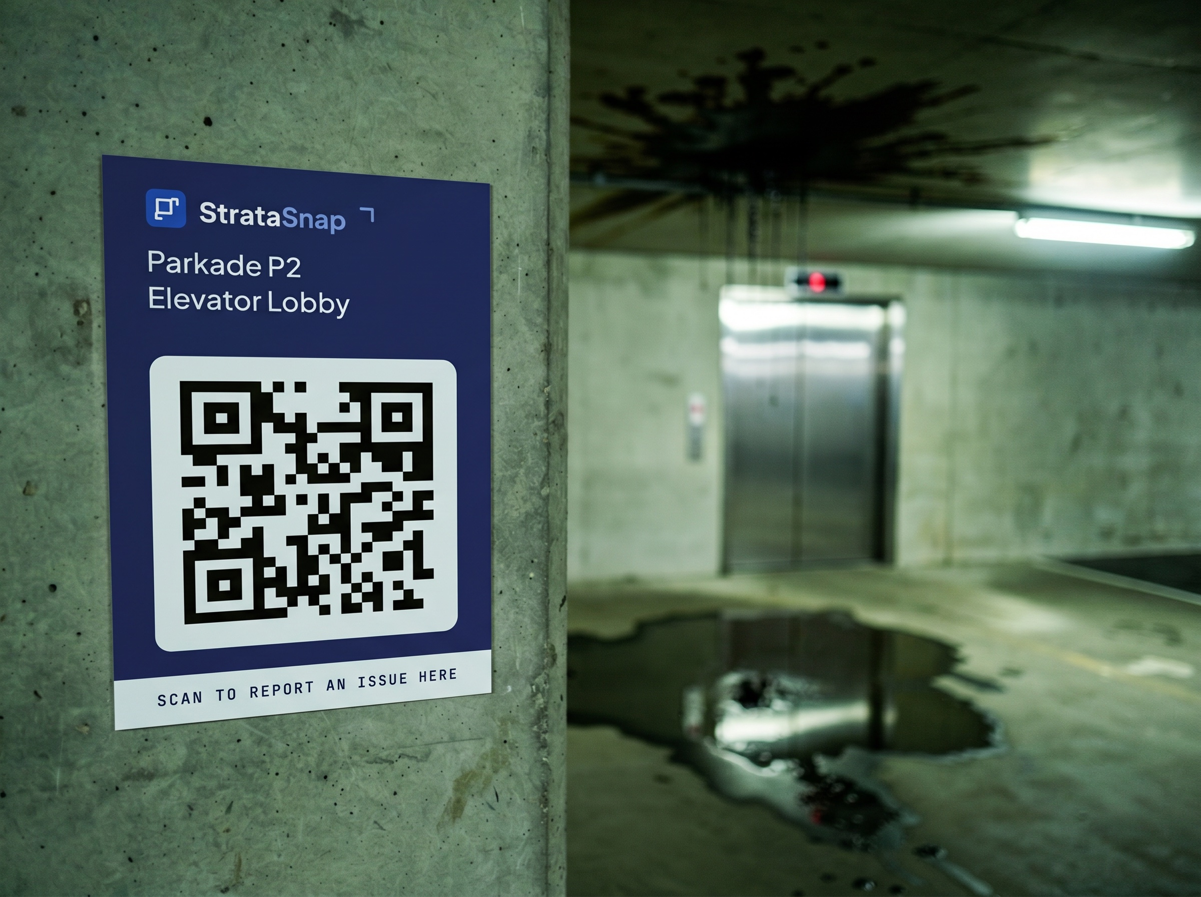 StrataSnap QR poster for Parkade P2 in sharp focus on a concrete pillar, with the ceiling water leak and elevator blurred in the background