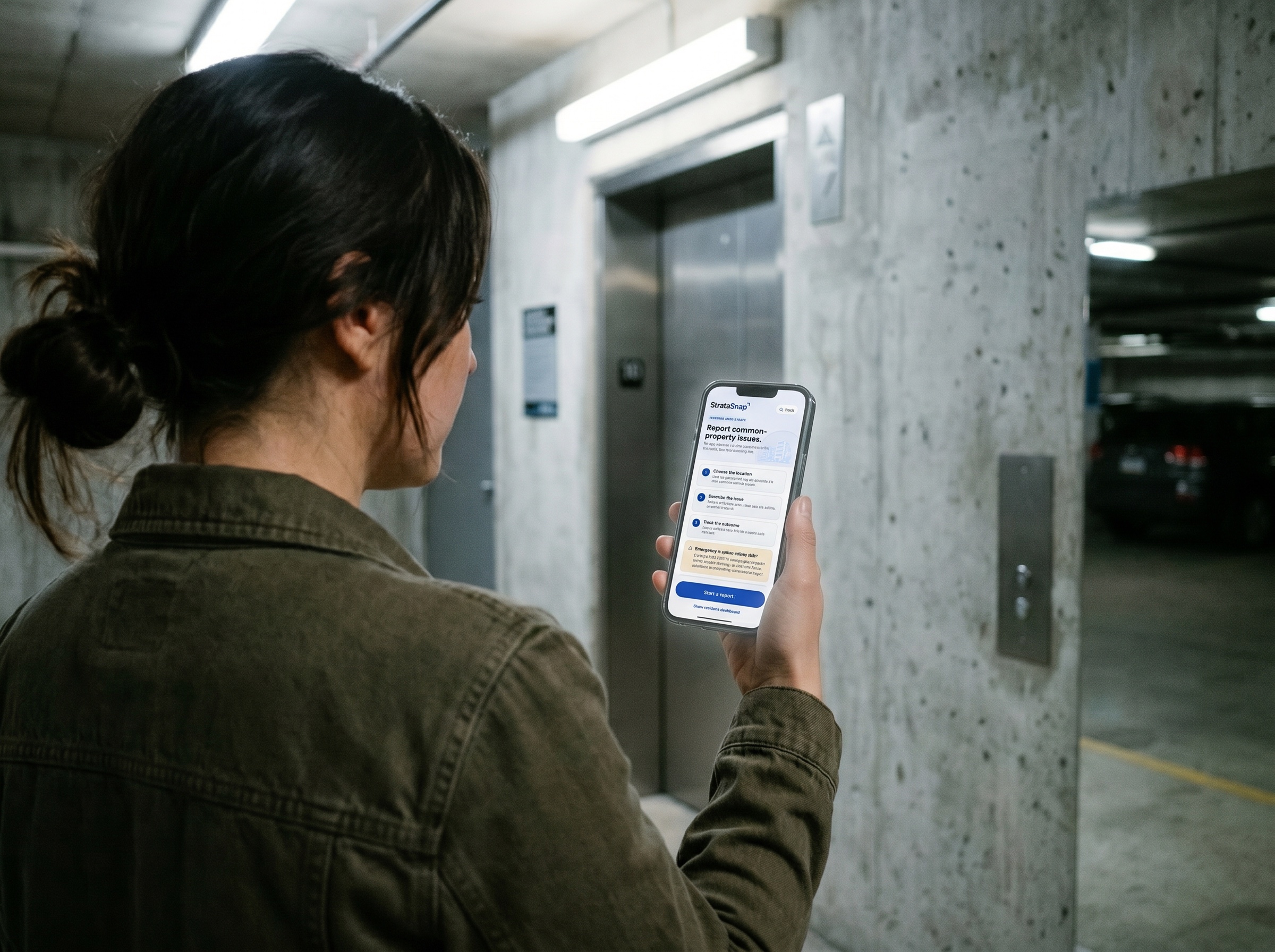 Resident's hand holding a phone in the parkade with the StrataSnap report screen open, ready to start a report