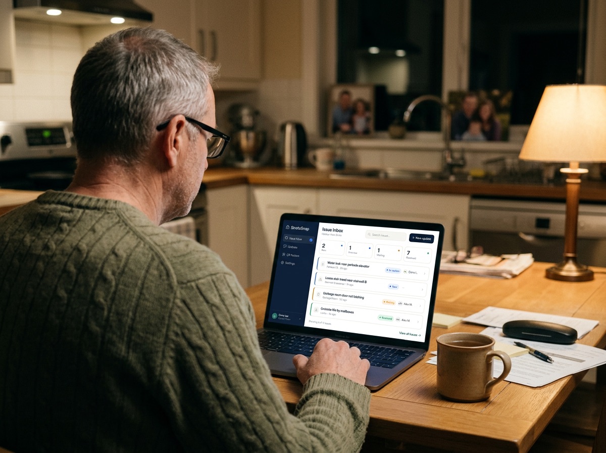 Council member at his kitchen table triaging reports in the StrataSnap issue inbox on a laptop