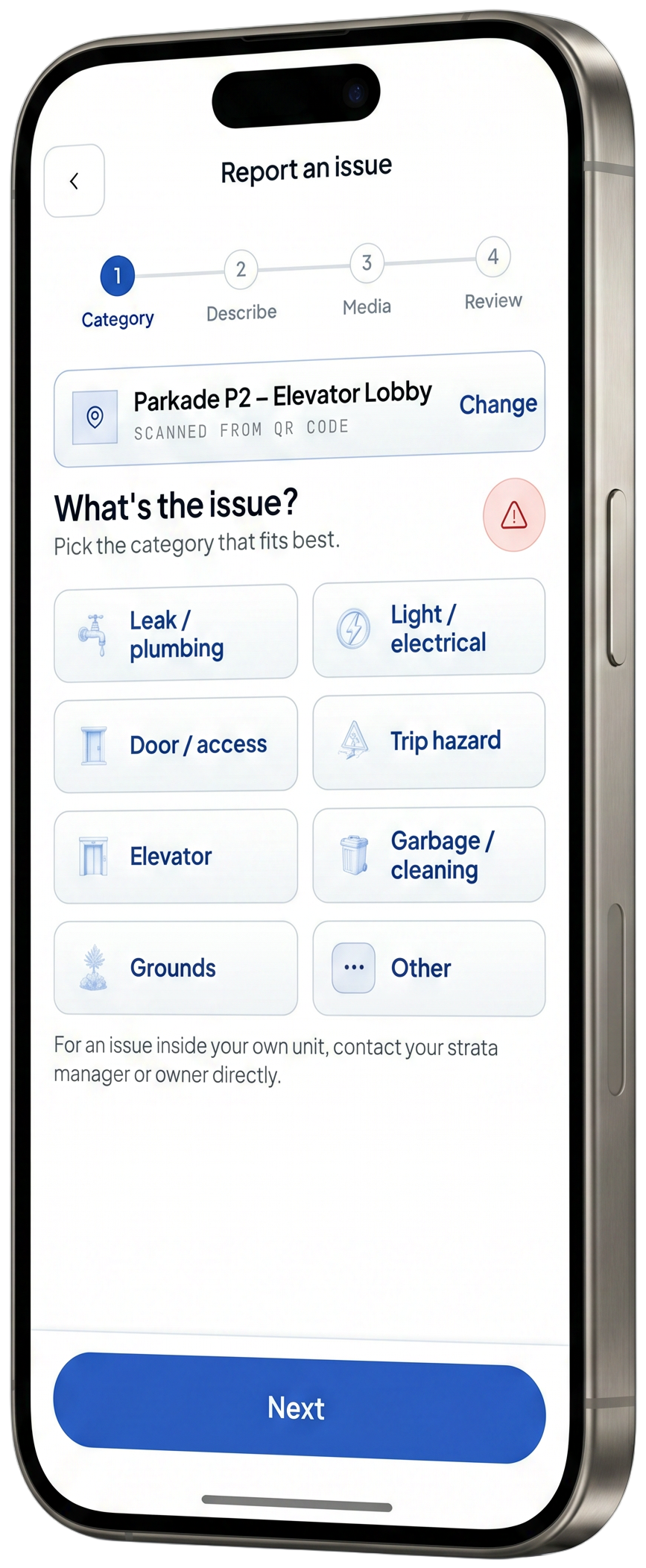 iPhone at an angle showing the StrataSnap report screen: What's the issue? with category tiles for Parkade P2